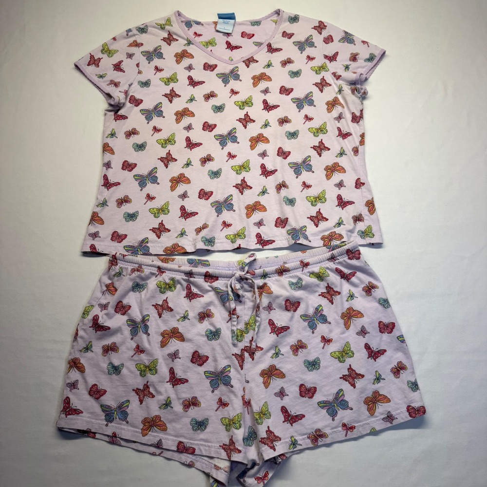 Nick & Nora Pajama Set Butterfly Print Large Lavender Womens Sleepwear Y2K HTF